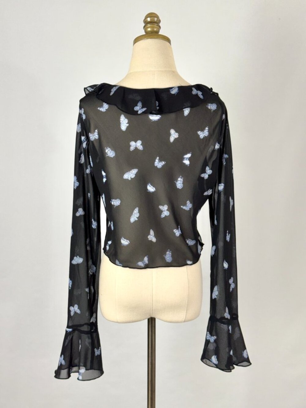 Y2K Butterfly Sheer Crop Cardigan Top Bell Sleeves Ruffle Dark Fairy Whimsical - Picture 7 of 9
